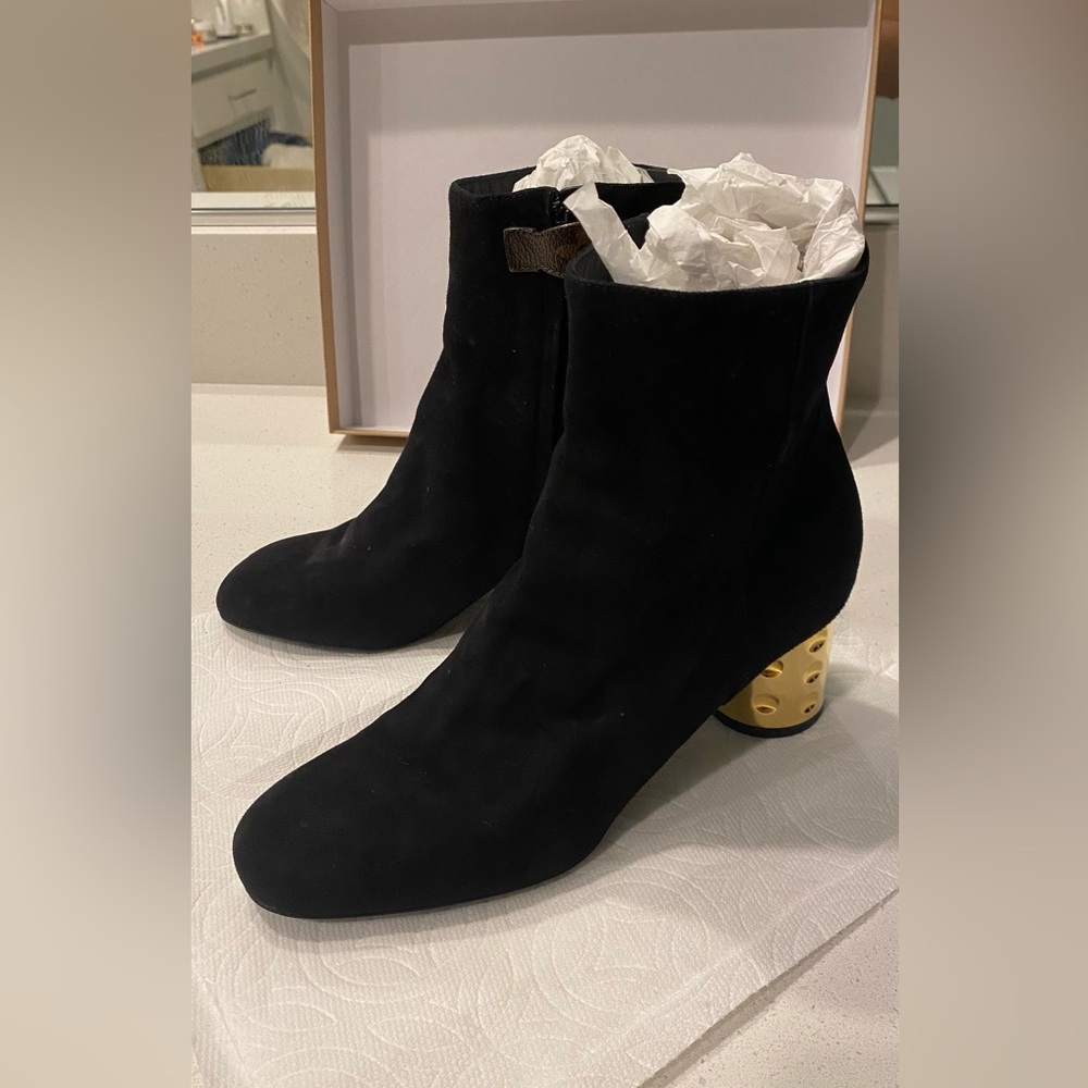 Louis Vuitton metalic heel suede ankle boots